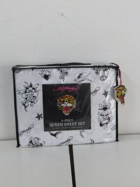 Ed Hardy 4pc Queen Sheet Set Black White & Gray Logo Print & Skulls